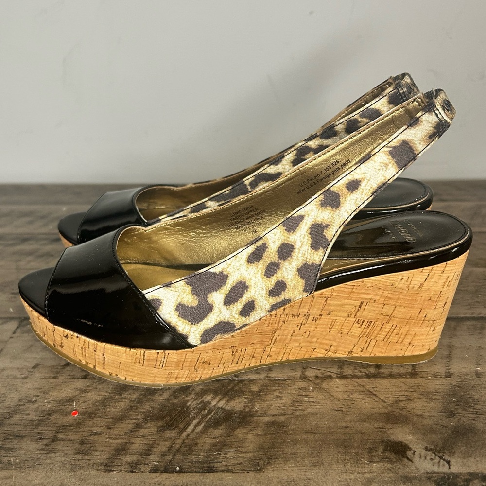 Circa Joan & David Patent and Leopard Slingback Wedge